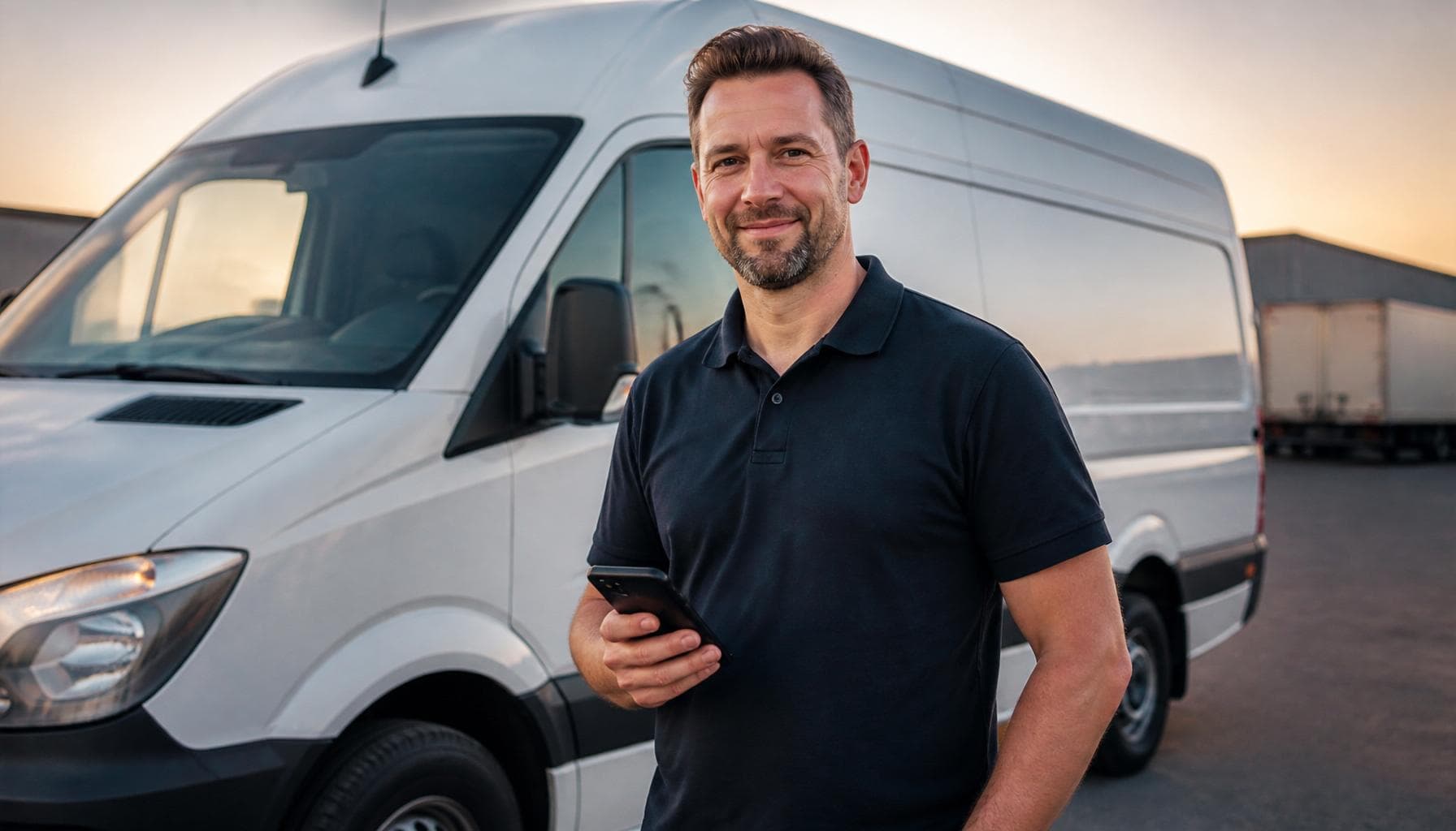 Fahrer mit Smartphone vor seinem Sprinter