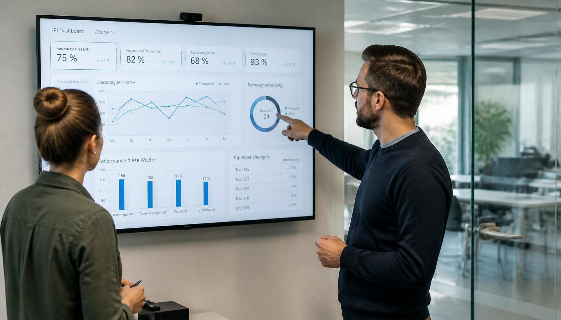 Team bespricht Kennzahlen am Dashboard