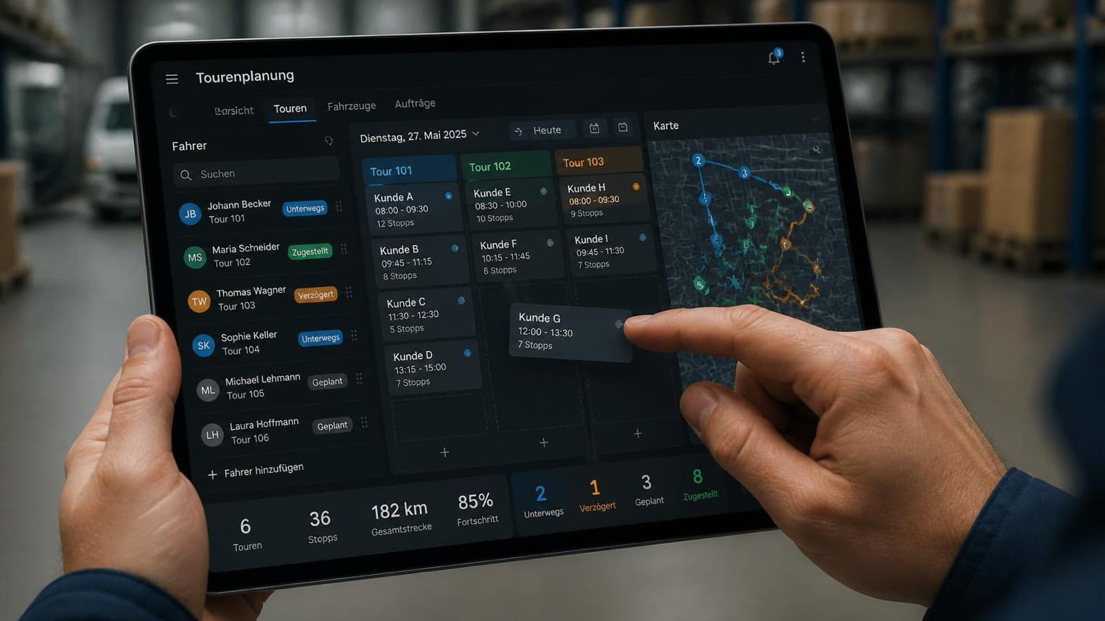 Hände am Tablet bei der Tourenplanung im Büro