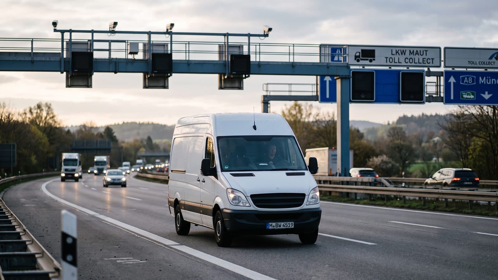 Weißer Transporter auf der Autobahn, im Vordergrund ein Mautbrücken-Sensor