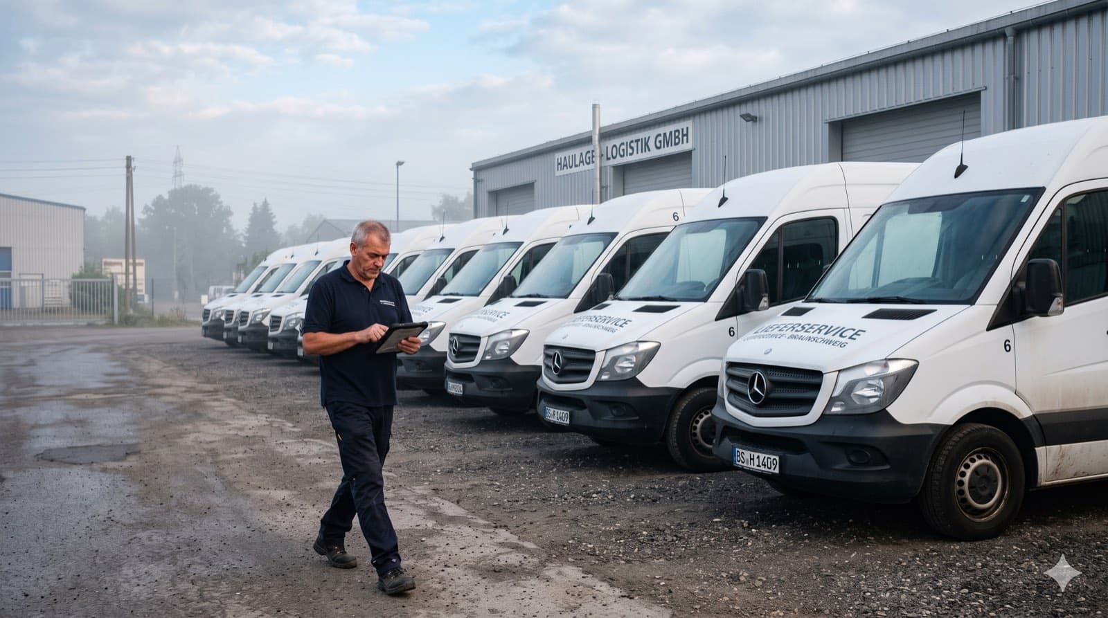 Kleine Transporter-Flotte am frühen Morgen am Depot, bereit für die Touren des Tages