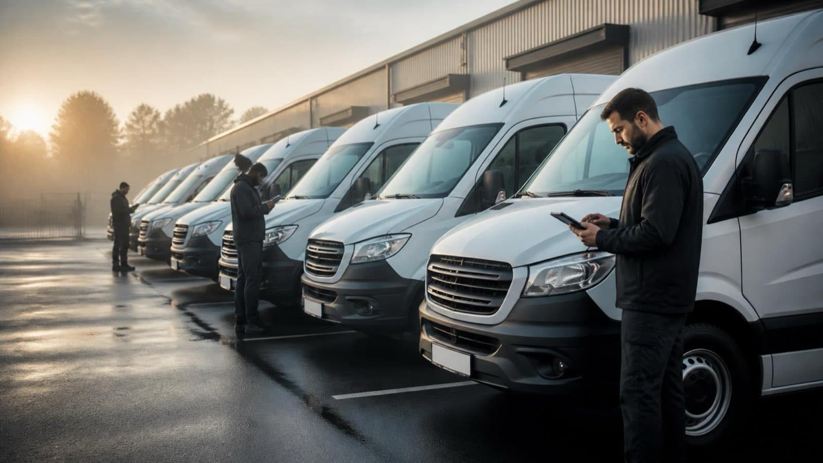 Inhaber einer kleinen Spedition steht mit Tablet vor seinen weißen Transportern und wägt ab