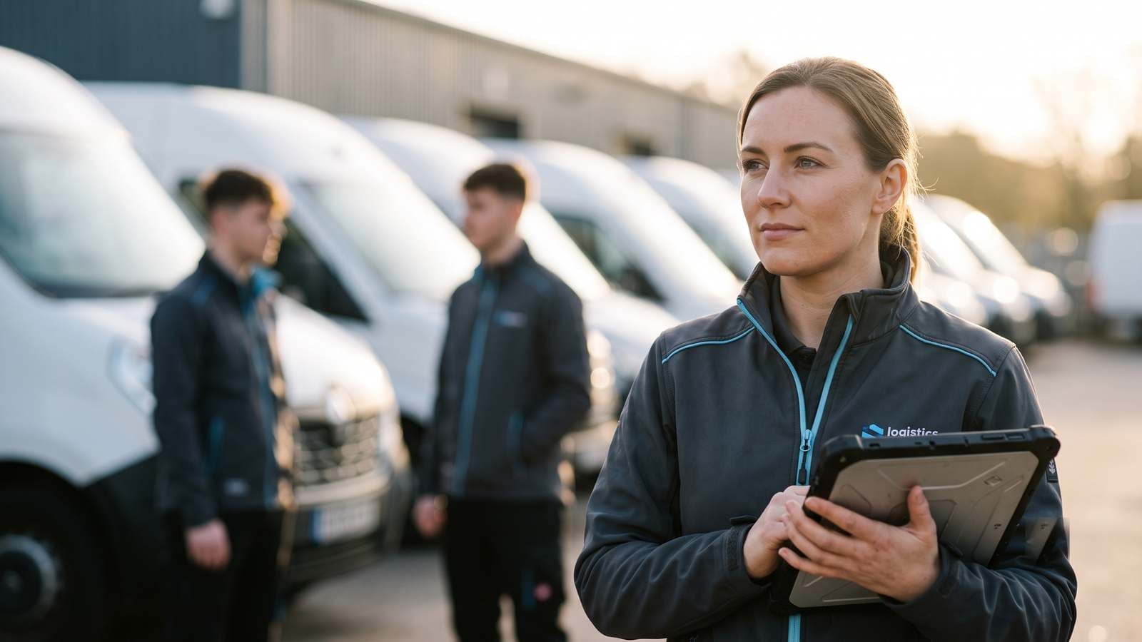 Junge Disponentin mit Tablet vor einer unscharfen Reihe weißer Transporter, im Hintergrund ihr Team