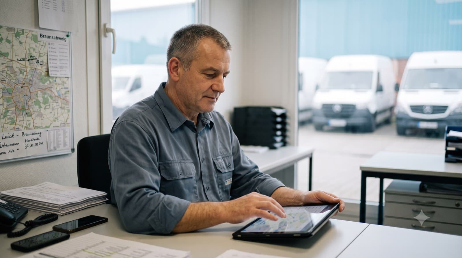 Disponent plant am Tablet eine Tour, im Hintergrund die Transporter