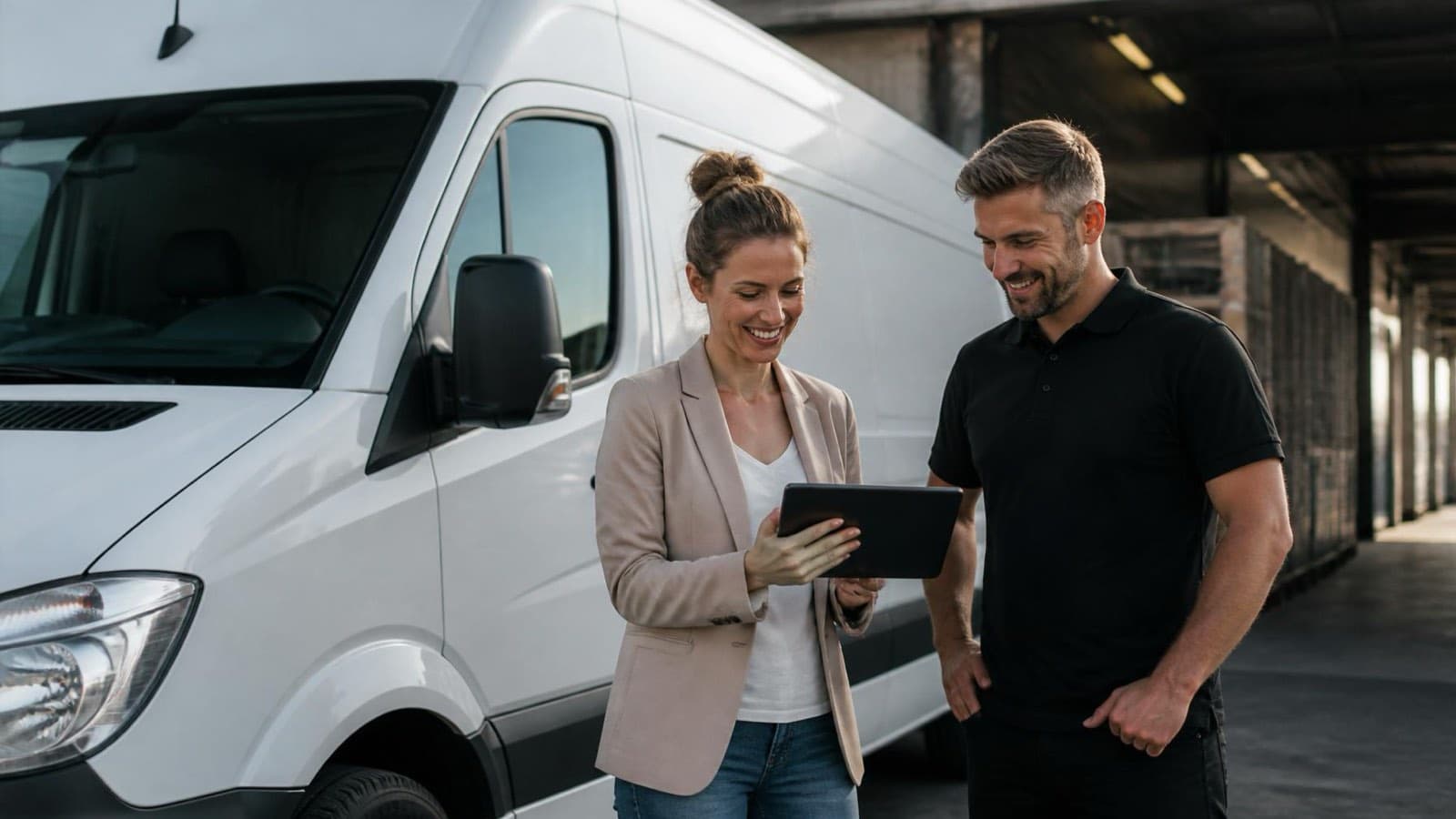 Ruhige Tourenplanung mit Tablet neben dem Transporter